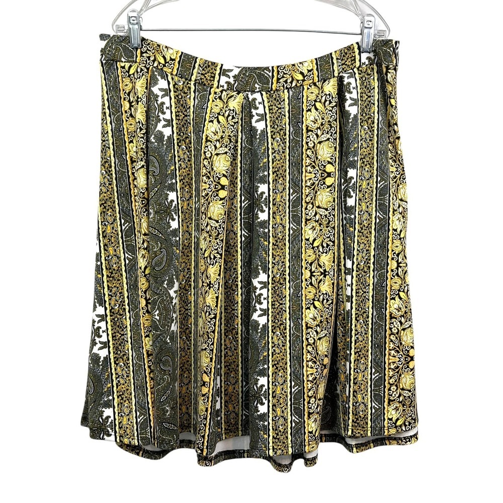 Ashley Stewart Womens Pleated Skirt Stretch Paisley Yellow Black Side Zip Sz 18*